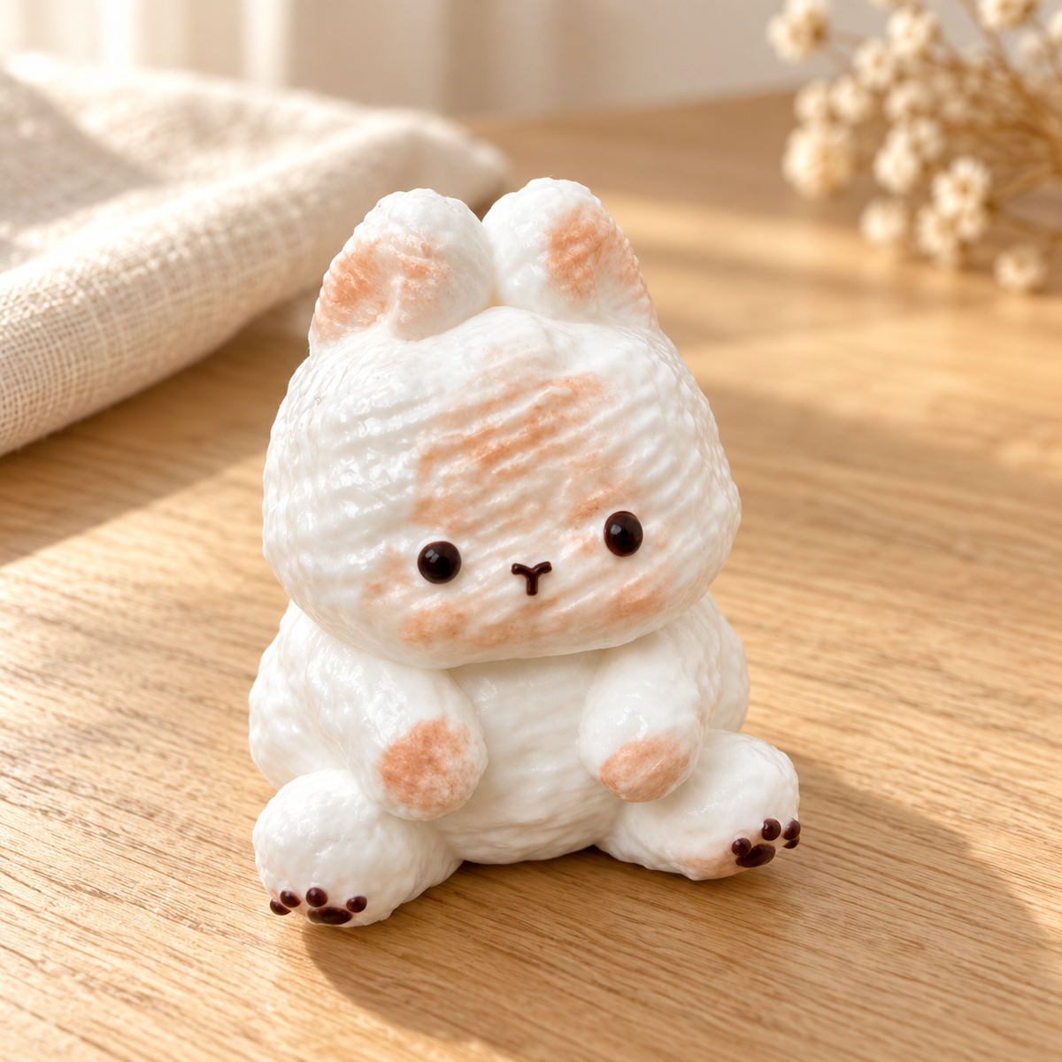 Short - Eared Bunny Squishy Toy in a warm wooden-table lifestyle scene