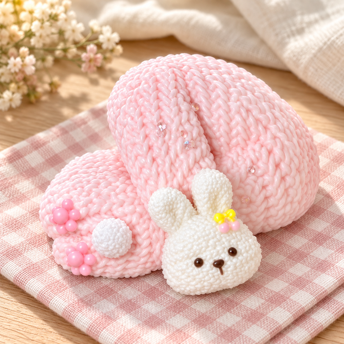 Scarf Bunny Squishy Toy in a warm wooden-table lifestyle scene