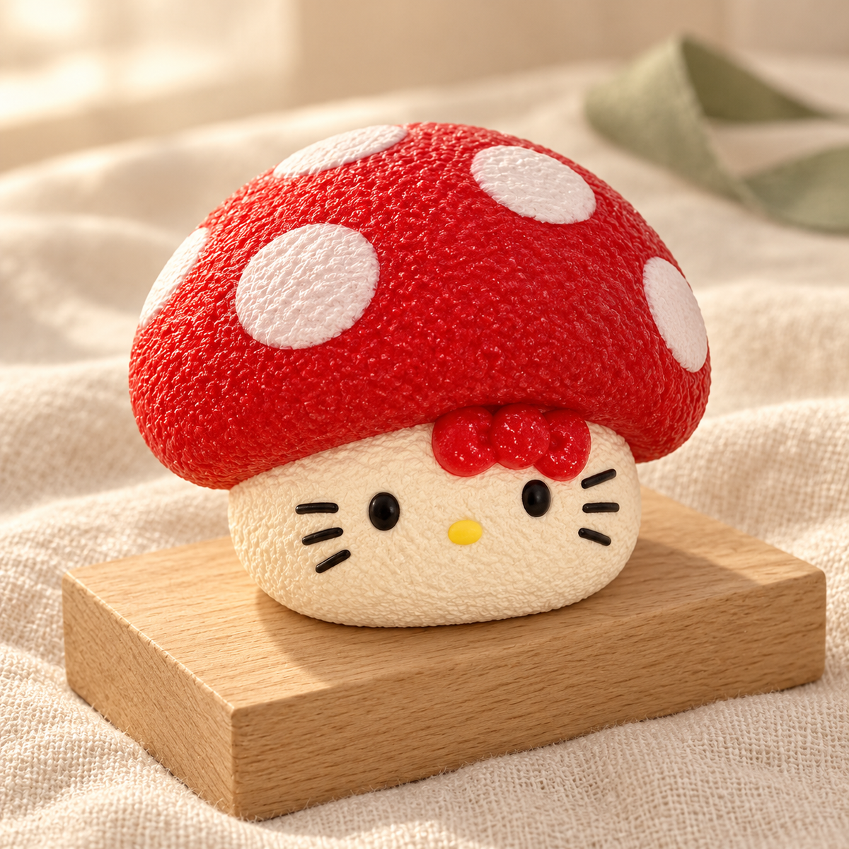 KT Mushroom Mario Squishy in a warm wooden-table lifestyle scene
