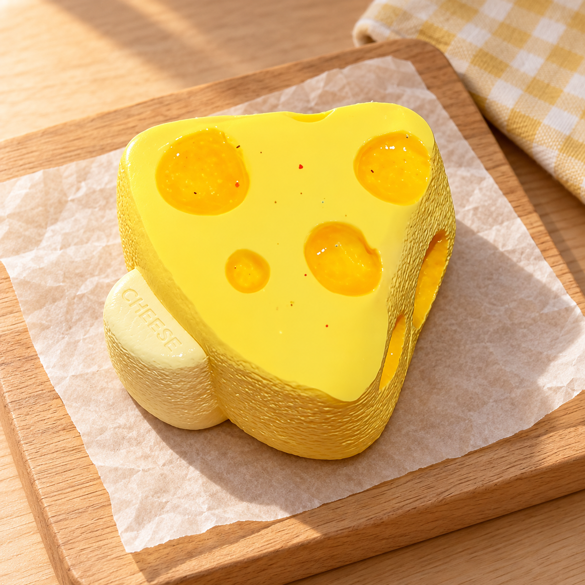 Cheese Popsicle Squishy Toy in a warm wooden-table lifestyle scene