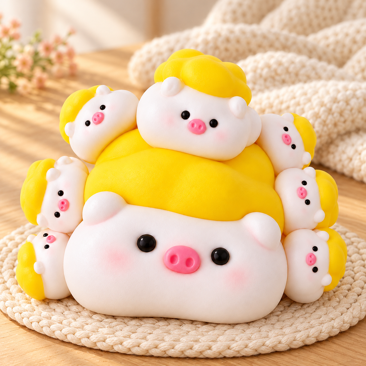 Beer Pig Family Squishy Toy in a warm wooden-table lifestyle scene