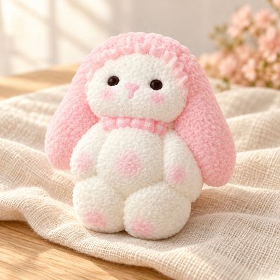 Large Flocked Lop Bunny Squishy Toy in a warm wooden-table lifestyle scene