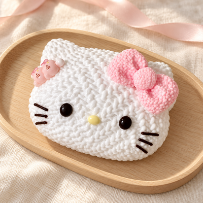 Knitted Kitty Cat Squishy in a warm wooden-table lifestyle scene