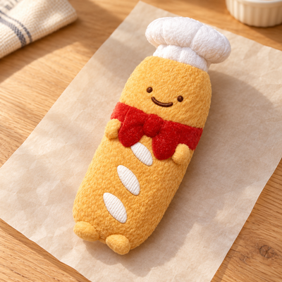 Chef Baguette Squishy Toy in a warm wooden-table lifestyle scene