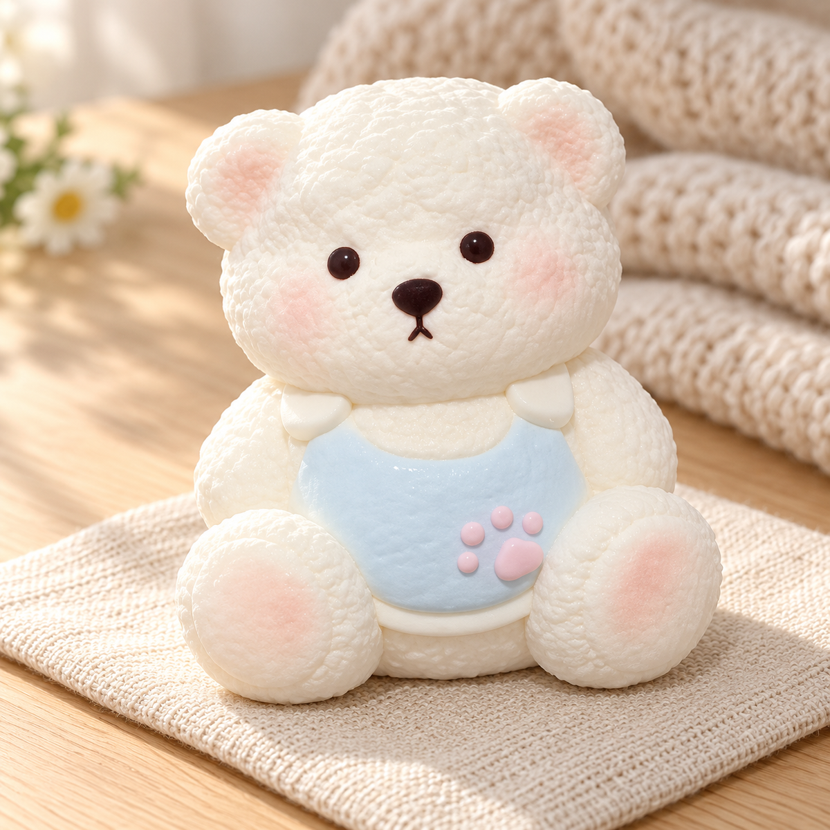 Lina Bear Squishy Toy in a warm wooden-table lifestyle scene
