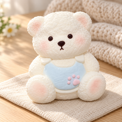 Lina Bear Squishy Toy in a warm wooden-table lifestyle scene