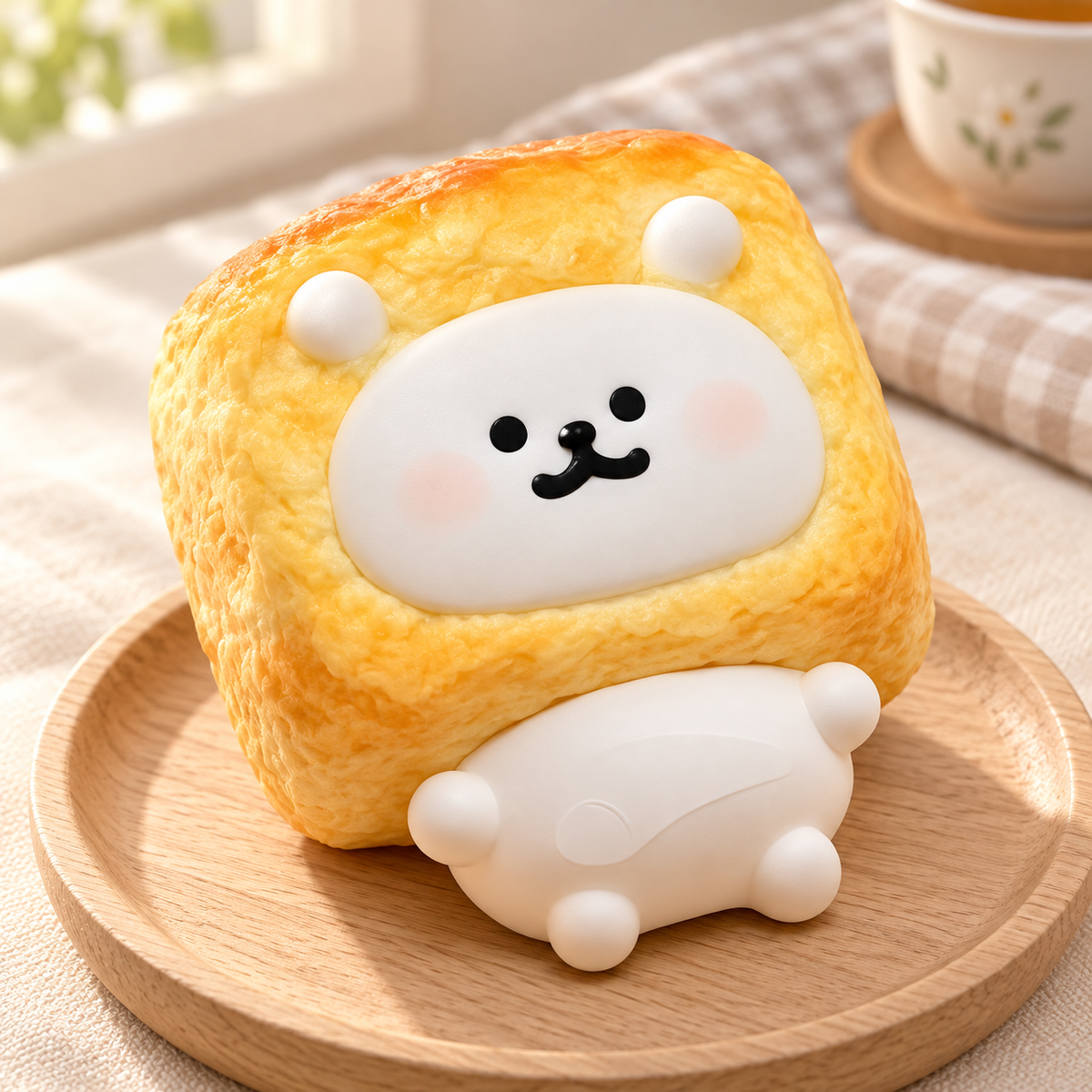 Meme Bear Bread Squishy Toy in a warm wooden-table lifestyle scene